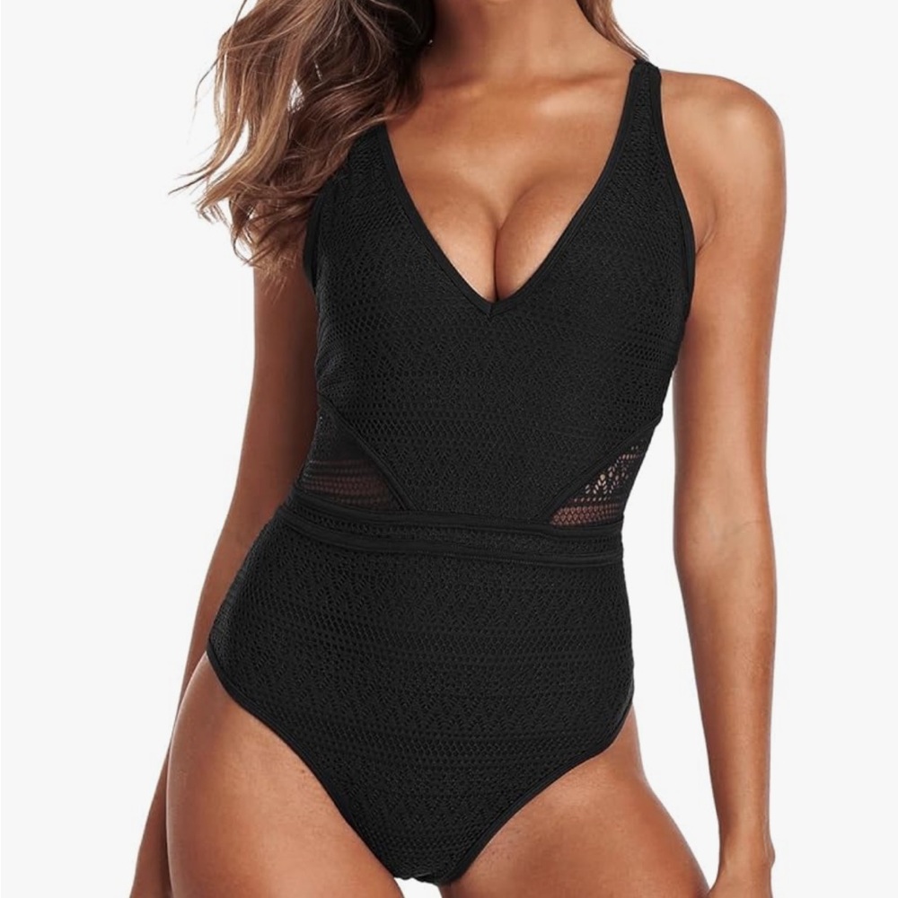 NWT MyCharmo Crochet One Piece Black Swimsuit Size L